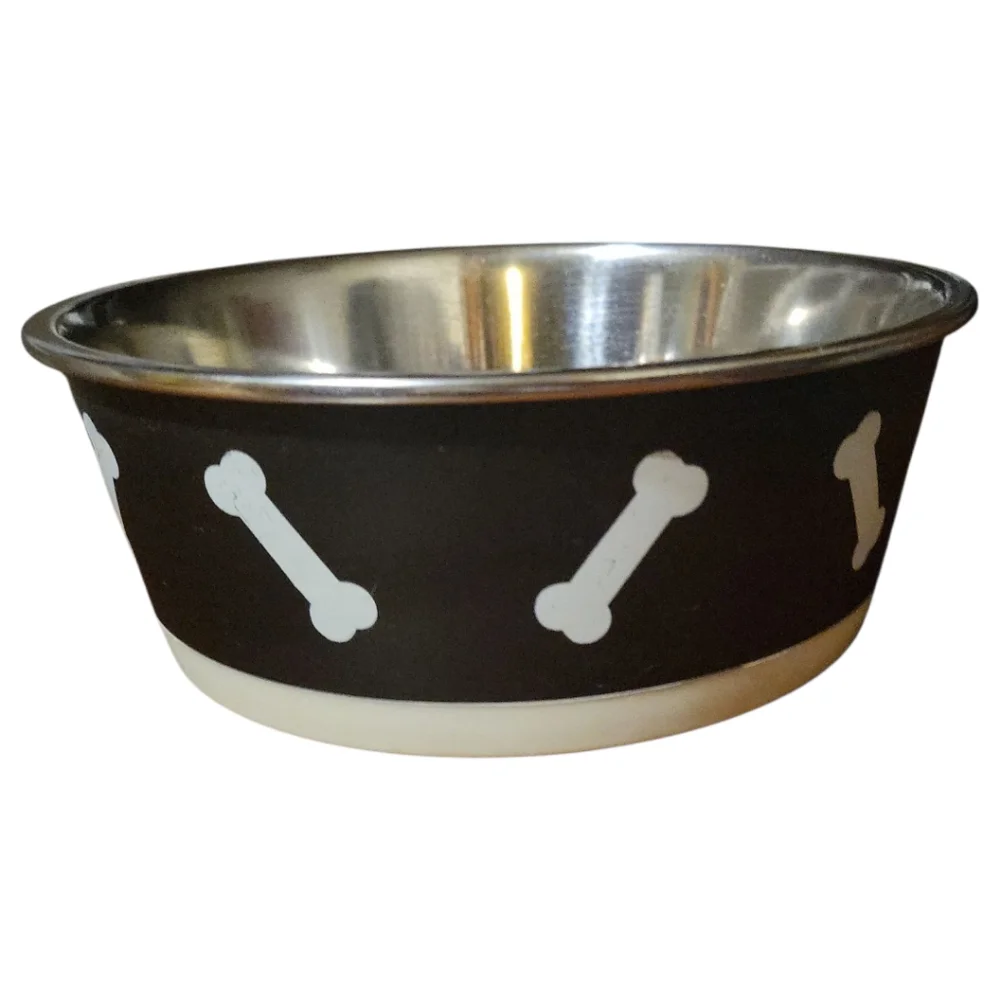 NWT Vibrant Life Dog Cat Pet Dish Bowl Black White Bones Stainless 48 fl oz